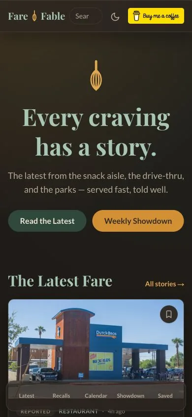 Fare & Fable homepage composed for a mobile viewport