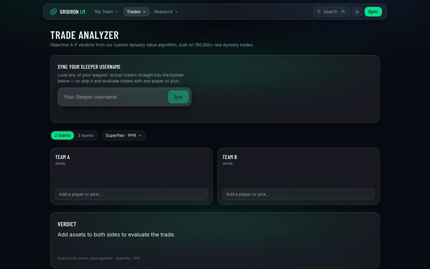 Gridiron LM Trade Analyzer interface on desktop