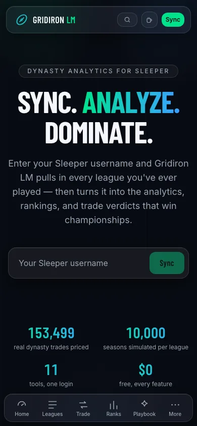 Gridiron LM homepage composed for a mobile viewport